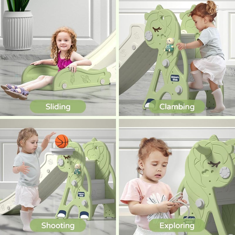 Sephyroth Kids Slide for Toddler - 4 in 1 Indoor Plastic Freestanding Slide for Toddler Outdoor Playground Climber Slide Playset with Basketball Hoop & Ring Game(Unicorn Green) - Image 2